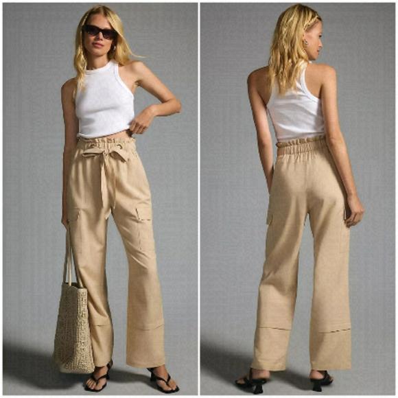 Anthropologie En Saison Taupe Linen Blend Tie Waist Cargo Pants - Picture 2 of 8